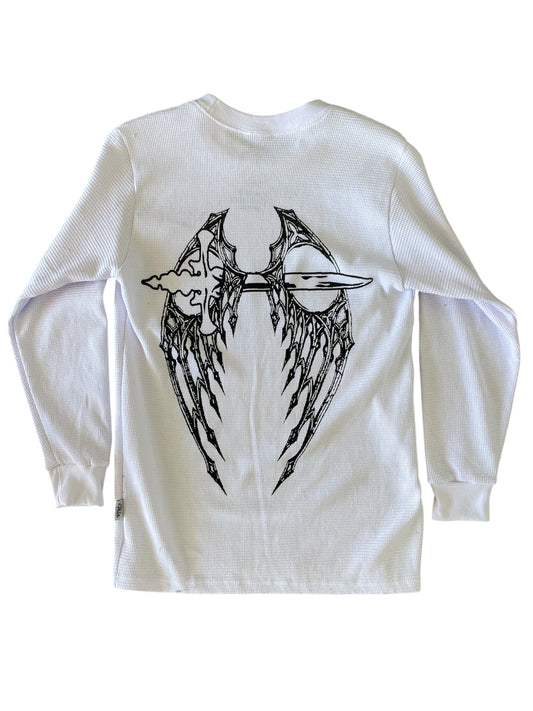 Skull and Dagger White Waffle Knit Thermal Long Sleeve T - Shirt