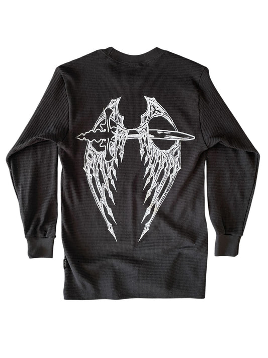 Skull and Dagger Black Waffle Knit Thermal Long Sleeve T - Shirt