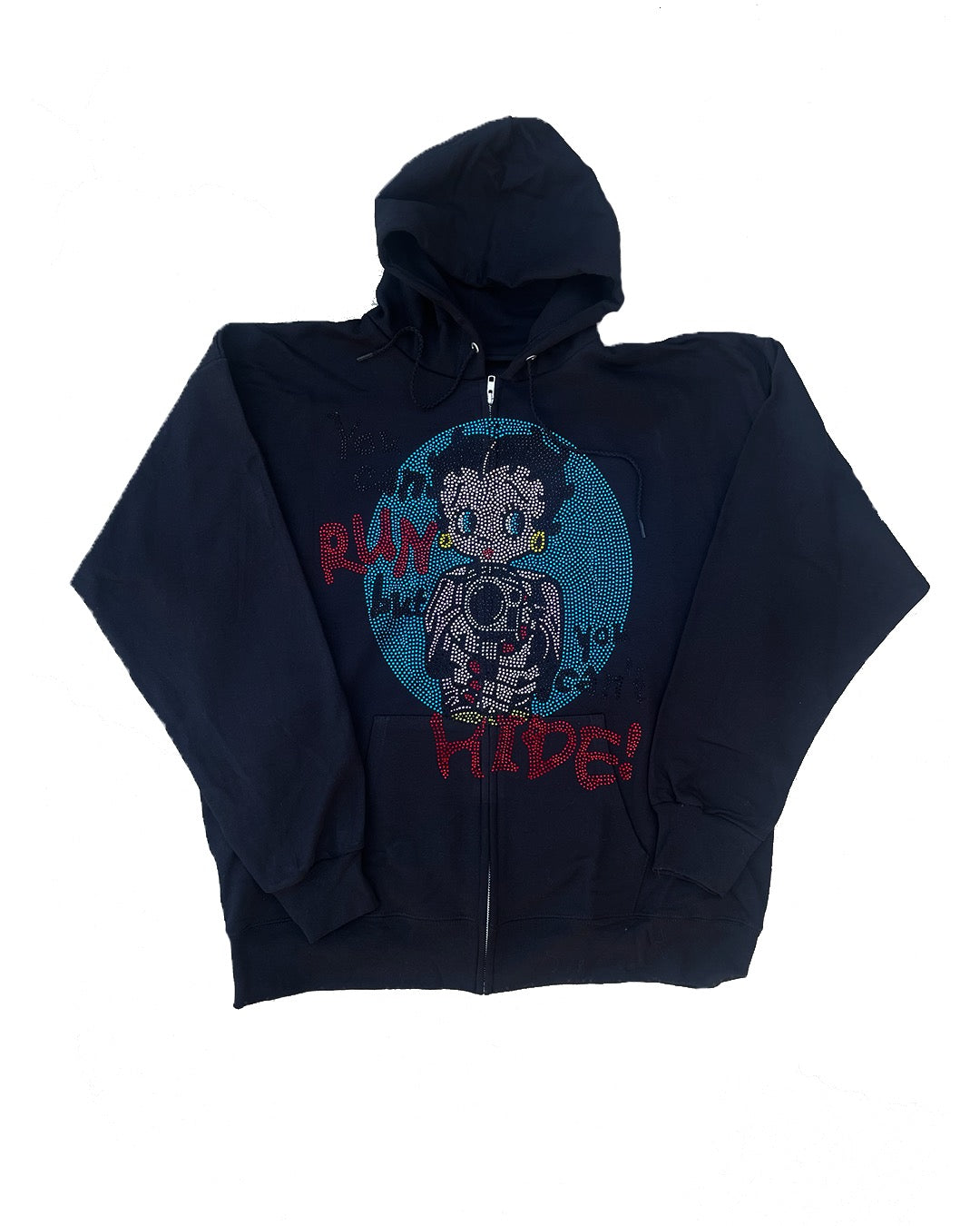 Rhinestone Betty Boop "You Can Run But You Can't Hide" Zip-Up Hoodie