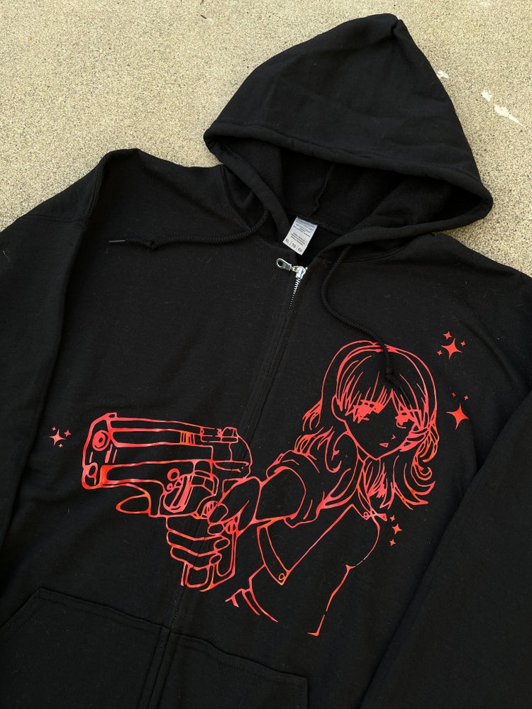 Black Anime Shooter Zip  Up Hoodie  custombydylan