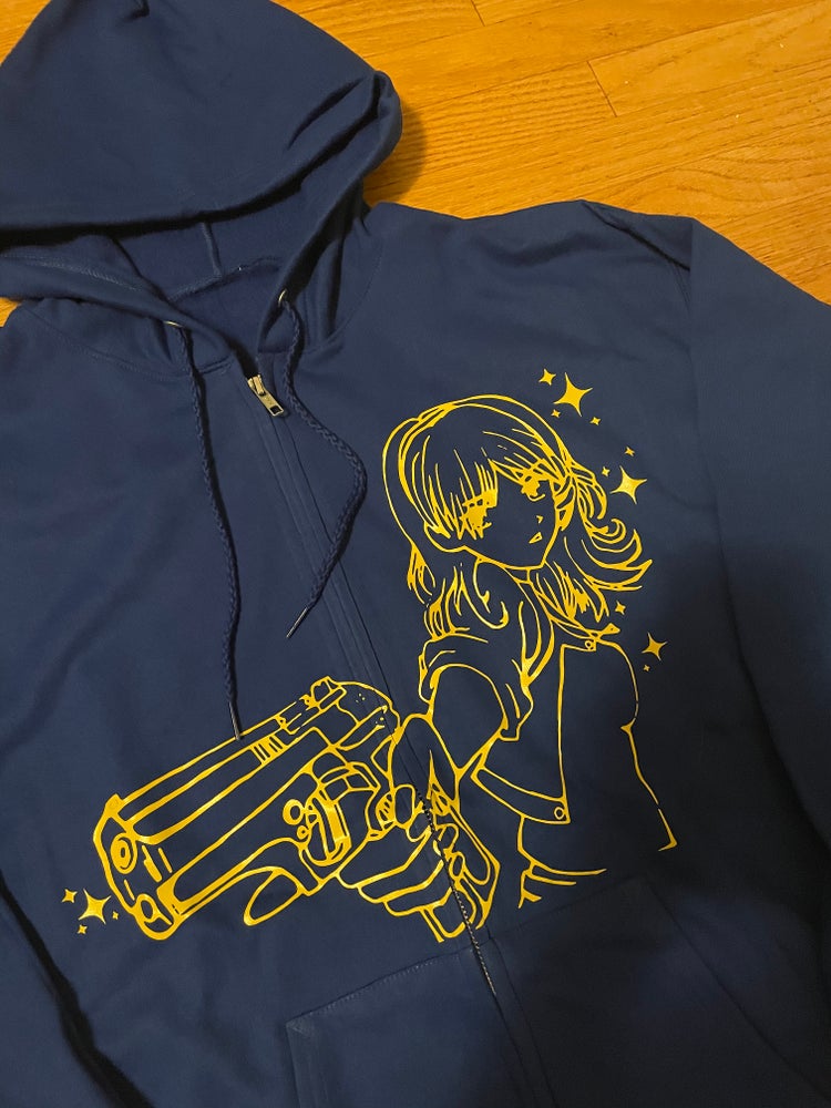 Blue Anime Shooter Zip-Up Hoodie